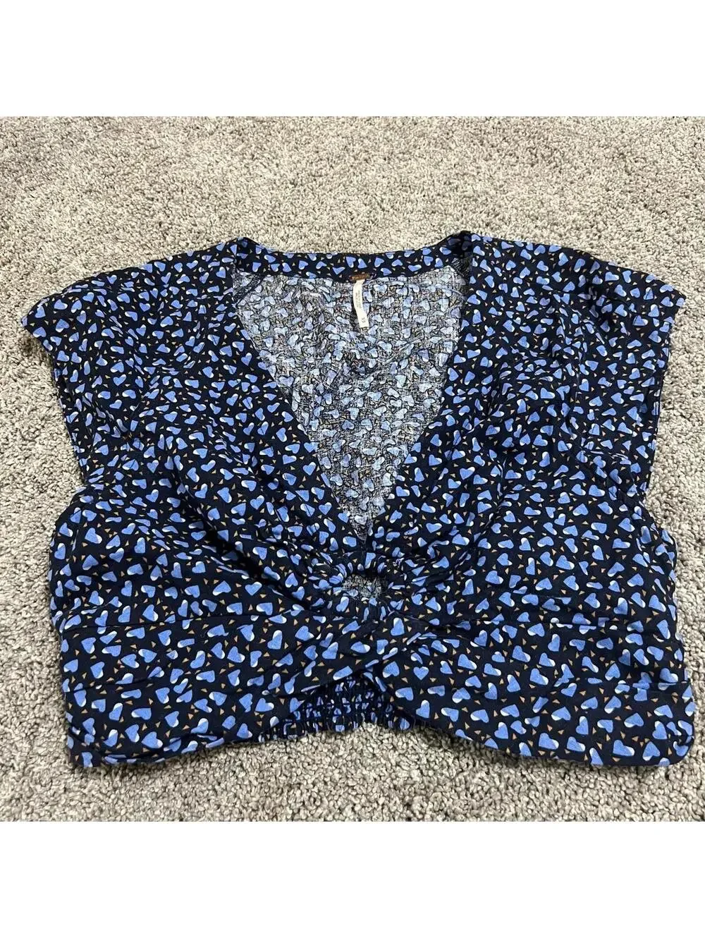 Free People Havana Honey Crop Top Blue Heart Print Linen Short Sleeve Medium